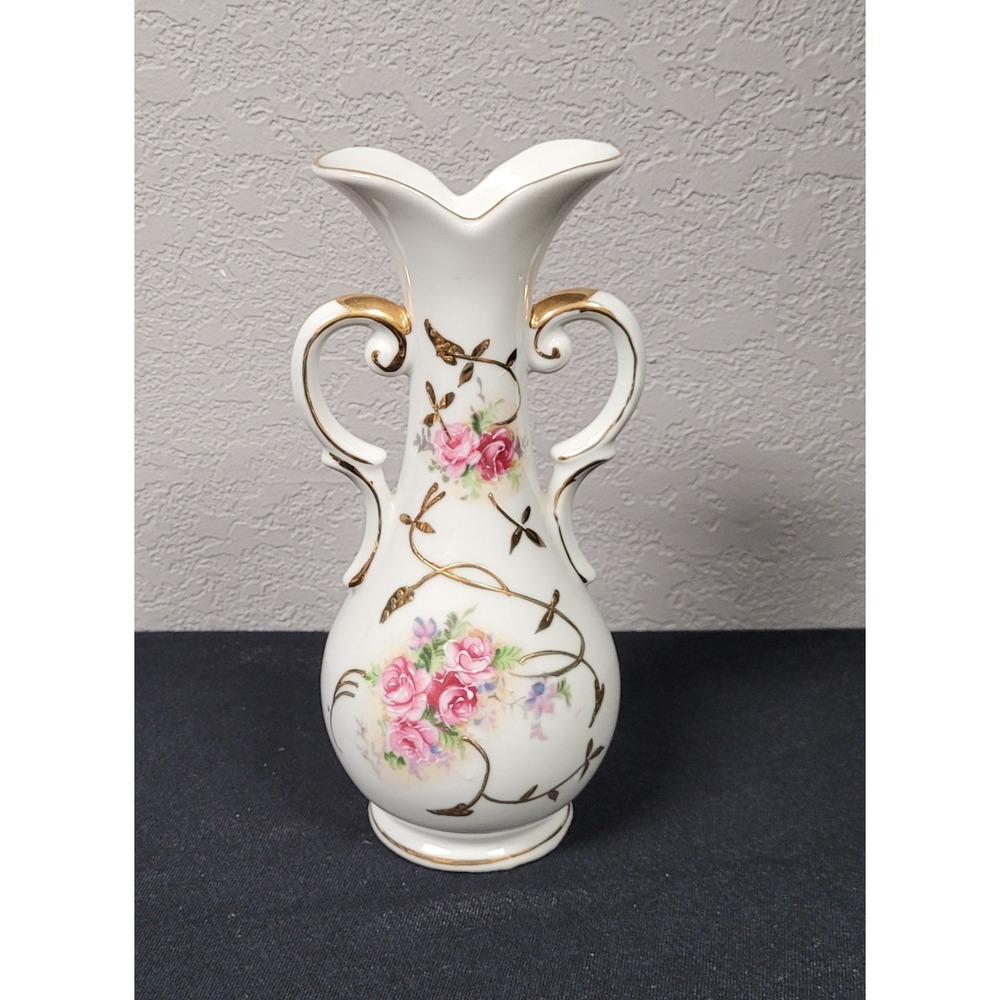Arnart Creations Double-handled Floral Porcelain Vase #7491 Vintage 1950s/60s